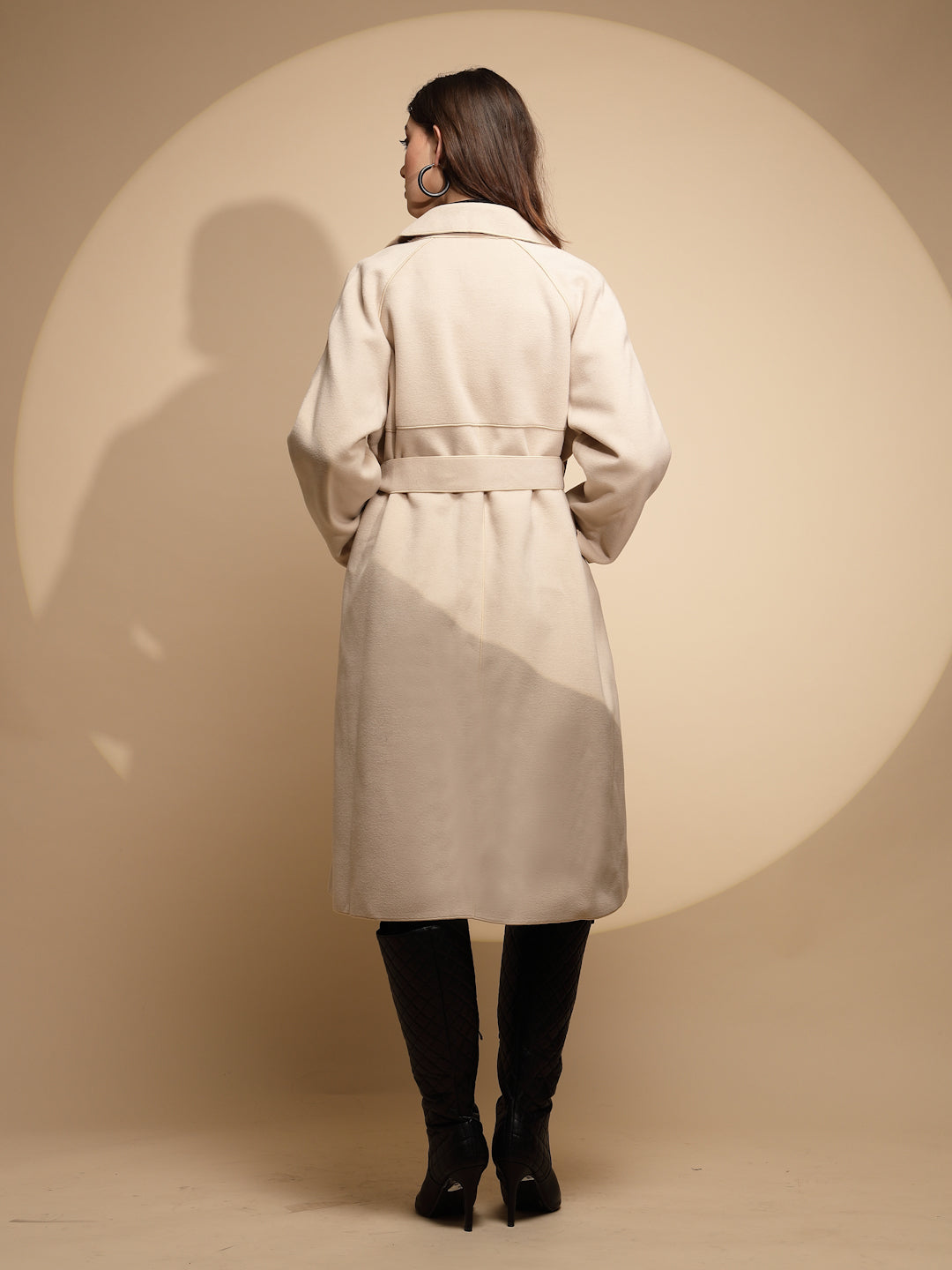 Women White Solid Collared Neck Full Sleeve Seude Long Wrap Coat