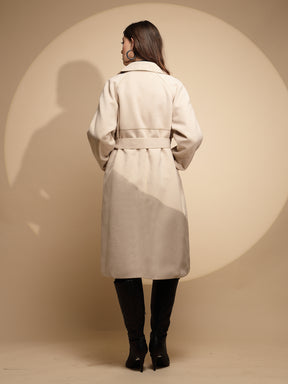 Women White Solid Collared Neck Full Sleeve Seude Long Wrap Coat