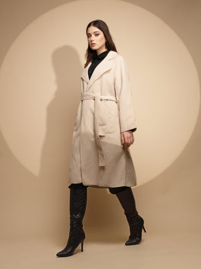 Women White Solid Collared Neck Full Sleeve Seude Long Wrap Coat