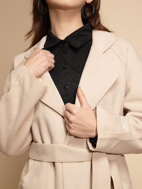 Women White Solid Collared Neck Full Sleeve Seude Long Wrap Coat