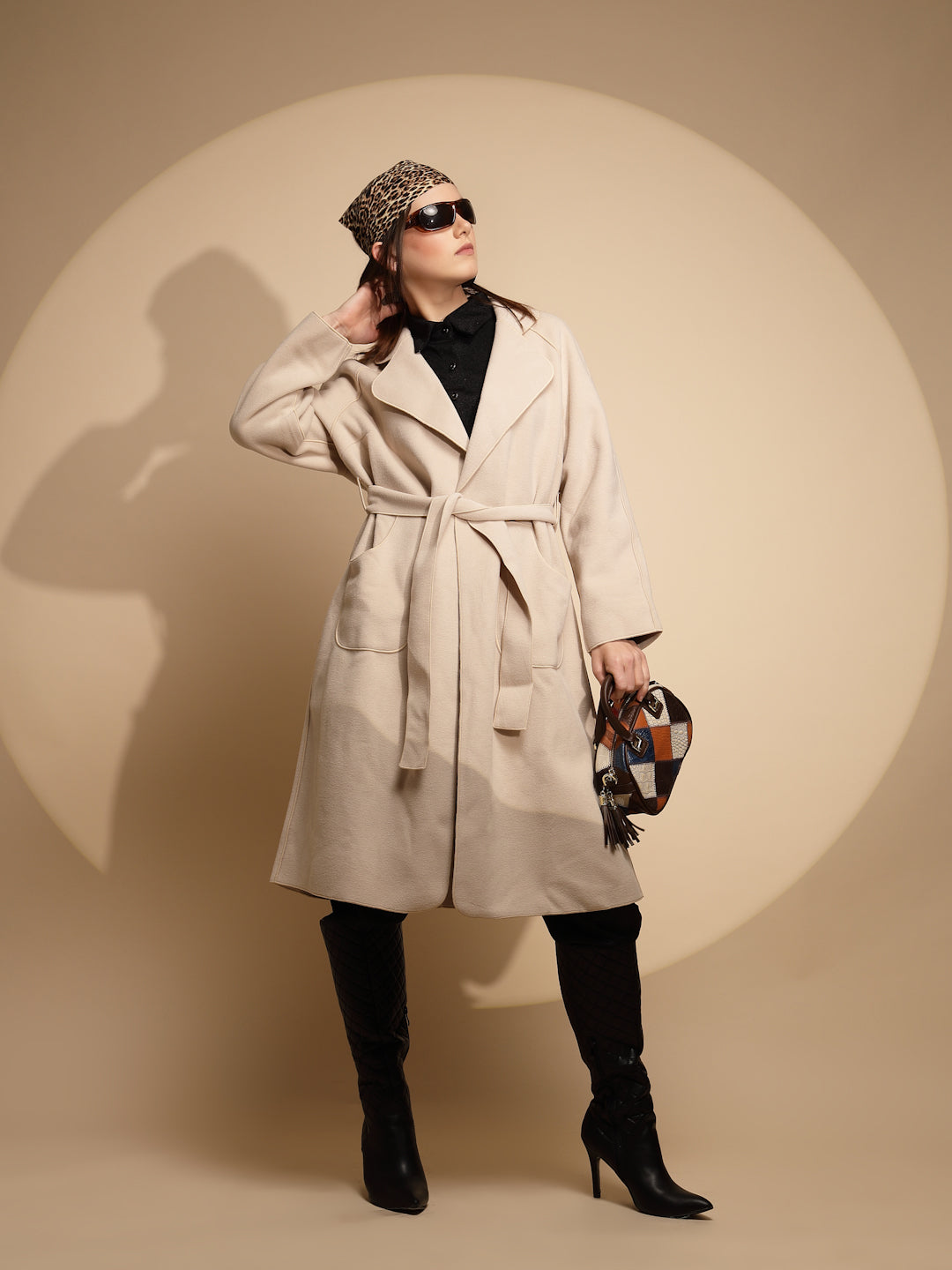 Women White Solid Collared Neck Full Sleeve Seude Long Wrap Coat