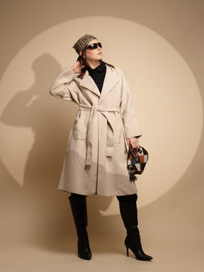 Women White Solid Collared Neck Full Sleeve Seude Long Wrap Coat