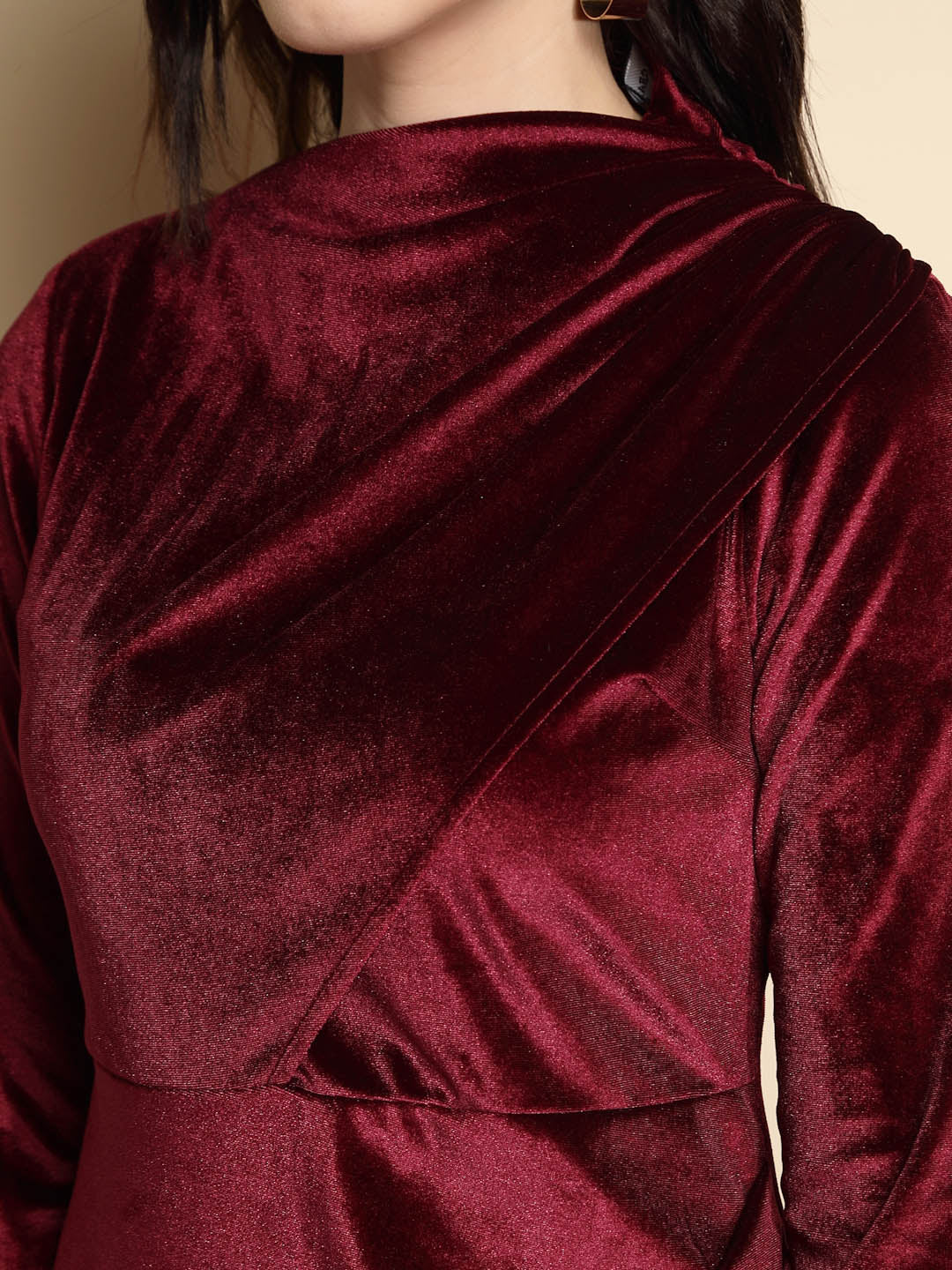 Solid Wine Full Sleeve Cowl Neck Velvet Midi Winter Dress