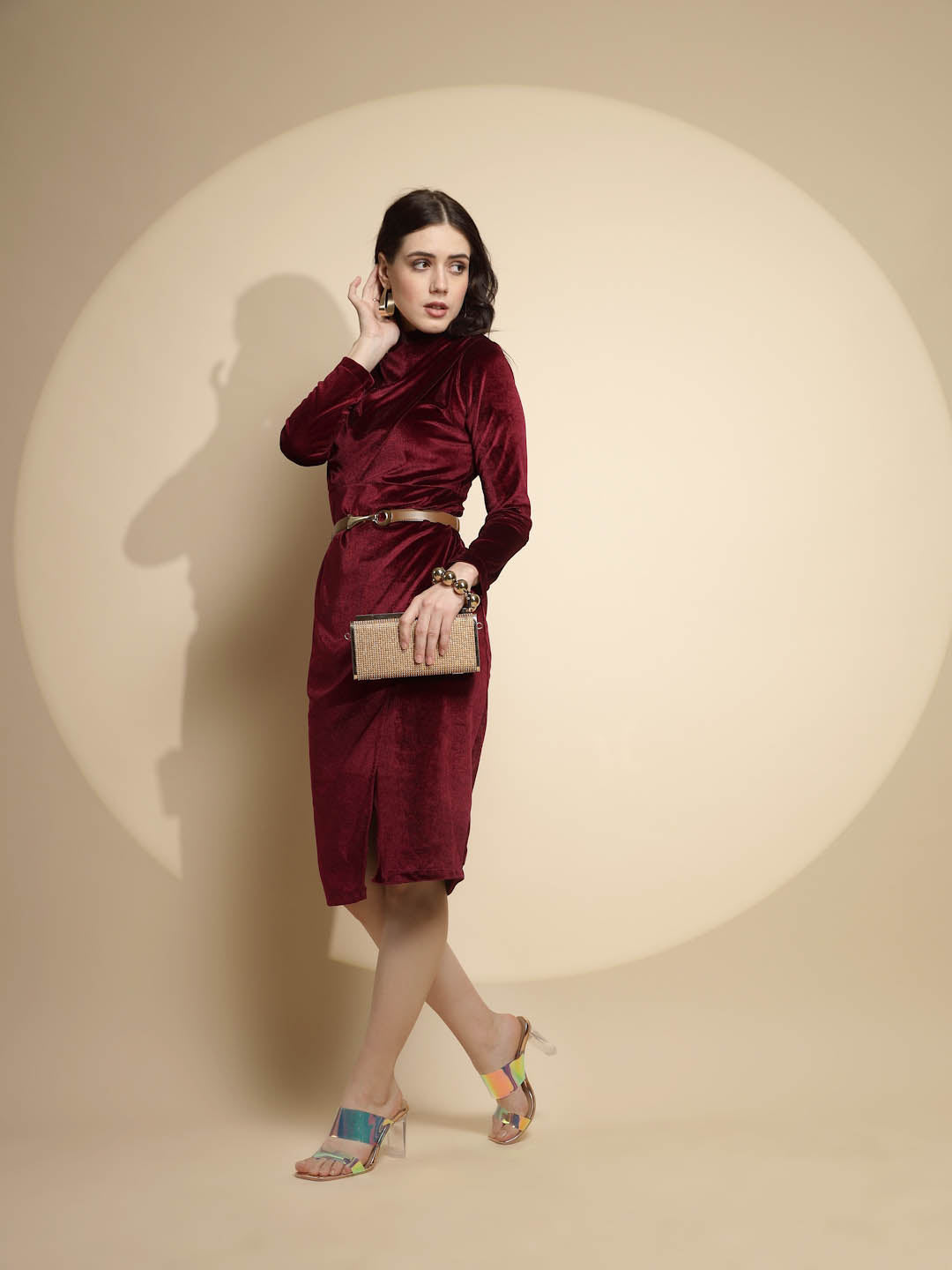 Solid Wine Full Sleeve Cowl Neck Velvet Midi Winter Dress