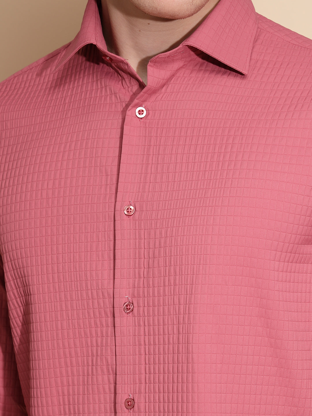 Men Coral Pink Solid Full Sleeve Collar Neck Polycotton Shirt