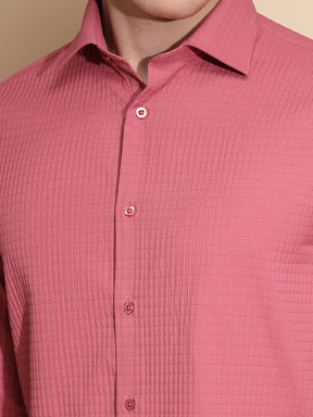 Men Coral Pink Solid Full Sleeve Collar Neck Polycotton Shirt