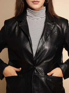 Women Black Solid Collared Neck Full Sleeve Leather Coat