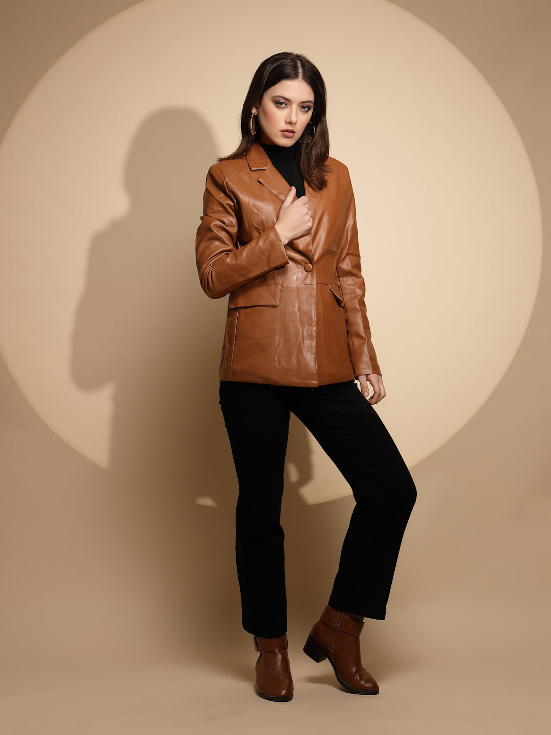 Women Brown Solid Collared Neck Full Sleeve Leather Coat