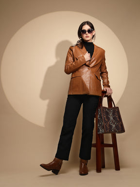 Women Brown Solid Collared Neck Full Sleeve Leather Coat