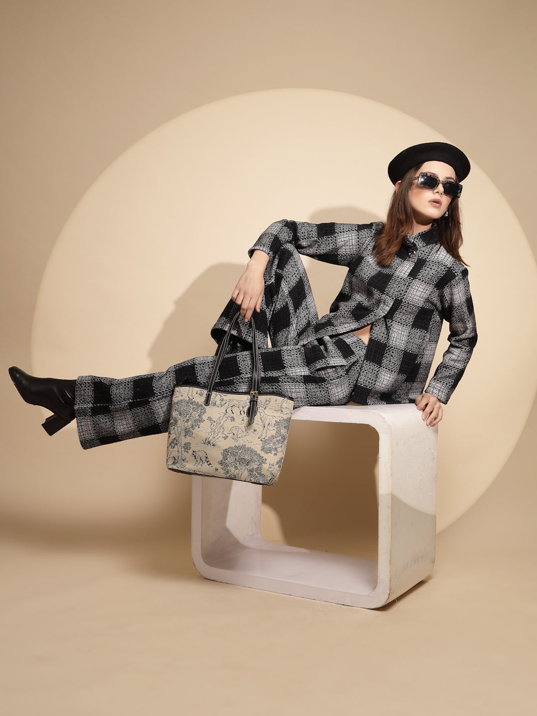 Women Black Checkered Turtle Neck Full Sleeve Loose fit Co-ord Set