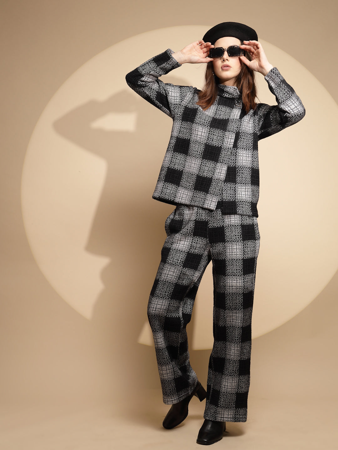 Women Black Checkered Turtle Neck Full Sleeve Loose fit Co-ord Set