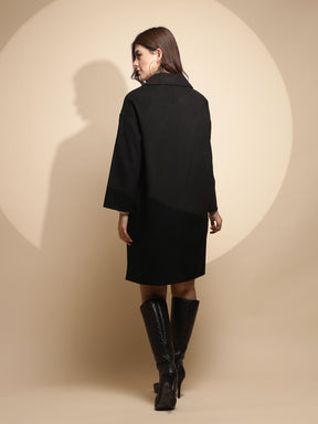 Women Black Solid Collared Neck Full Sleeve Woolen Coat