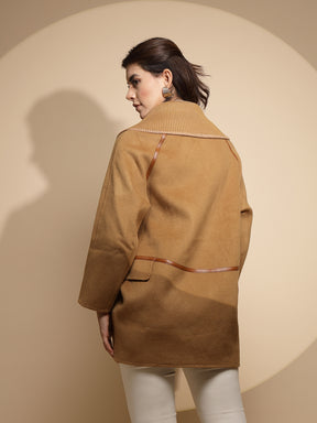 Women Brown Solid Collared Neck Full Sleeve Wool Coat