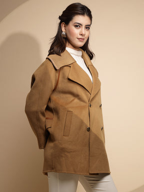 Women Brown Solid Collared Neck Full Sleeve Wool Coat