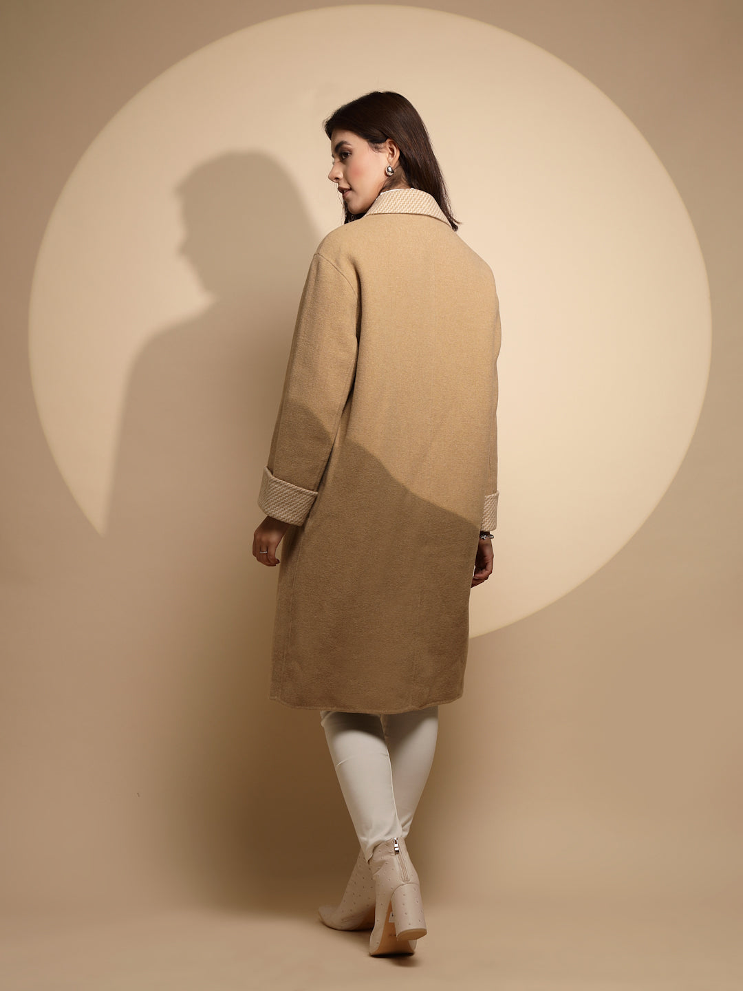 Women Beige Solid Collared Neck Full Sleeve Wool Coat