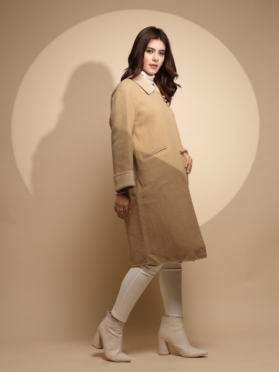 Women Beige Solid Collared Neck Full Sleeve Wool Coat