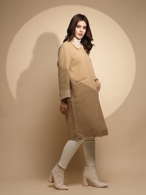 Women Beige Solid Collared Neck Full Sleeve Wool Coat