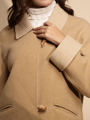 Women Beige Solid Collared Neck Full Sleeve Wool Coat