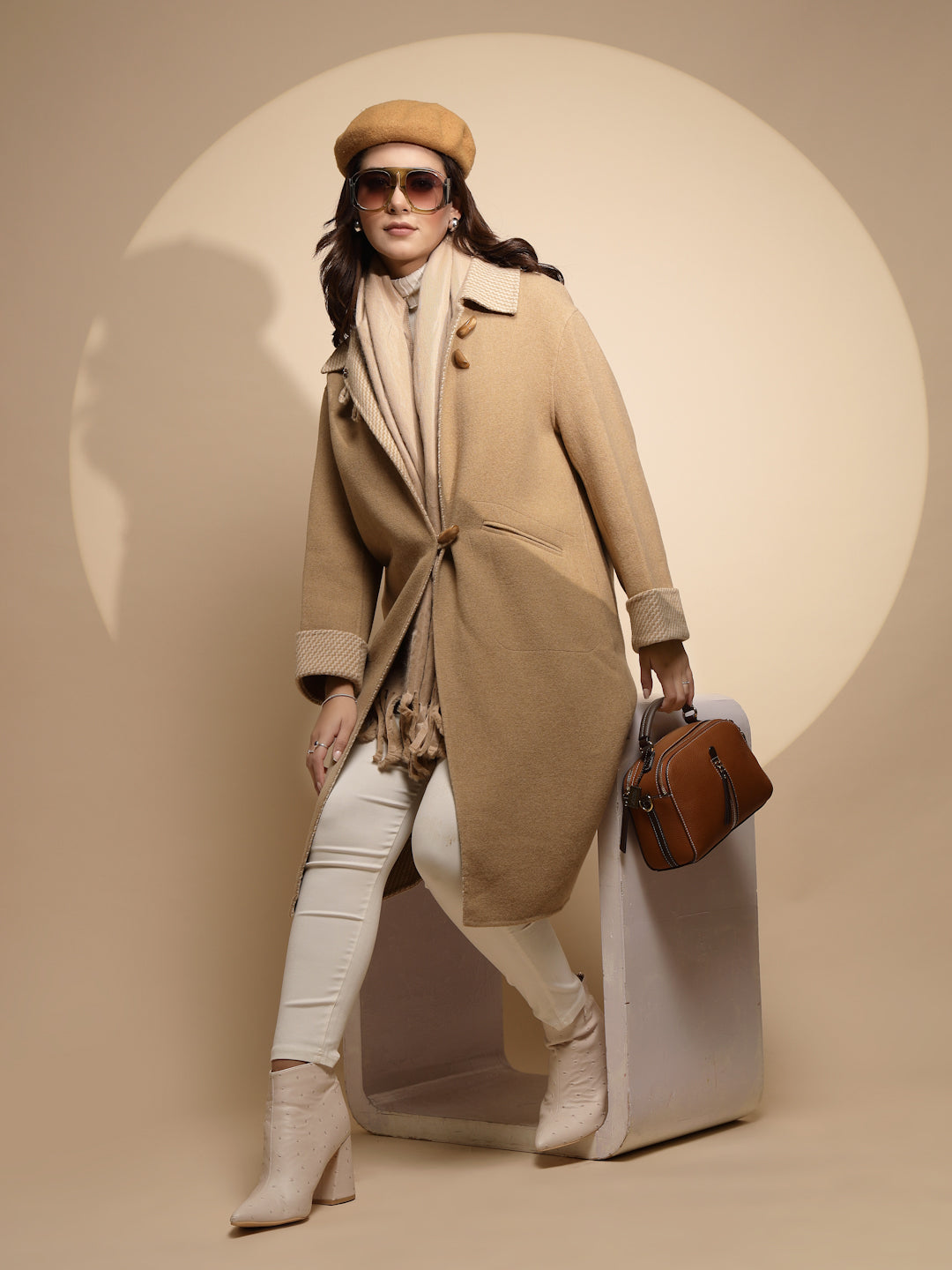 Women Beige Solid Collared Neck Full Sleeve Wool Coat