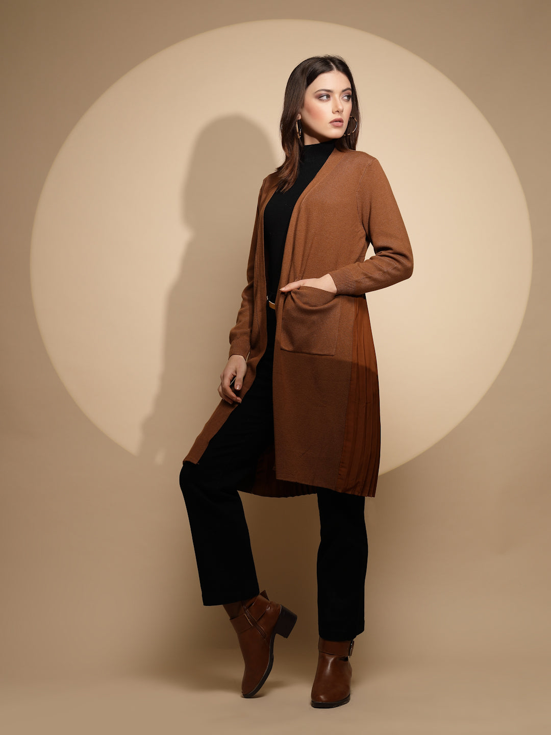 Women Brown Solid Lapel Collar Neck Full Sleeve Knitted Winter Shrug