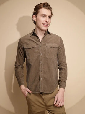 Men Brown Solid Full Sleeve Collar Neck Polycotton Shirt