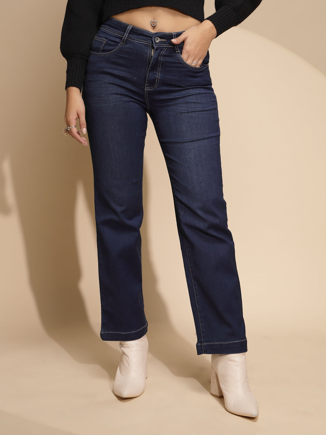 Women Solid Cotton Blend High Rise Straight  Regular fit Jeans