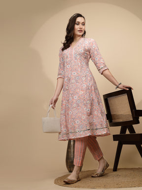 Peach Cotton Regular Fit Kurta Set For Women