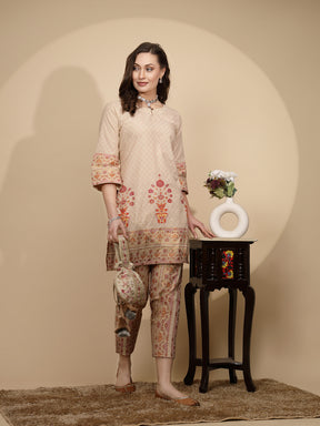 Beige Cotton Regular Fit Kurta Set For Women