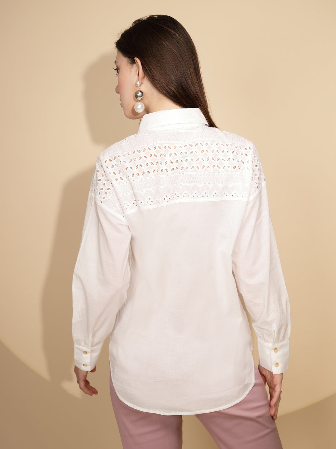 White Cotton Schiffli Embroidered Regular Fit Shirt