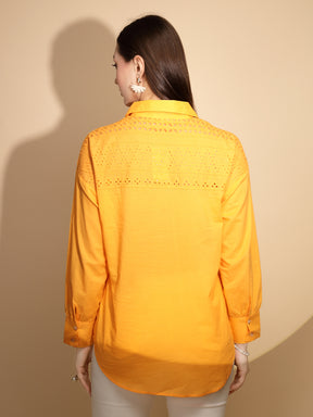 Mustard Cotton Schiffli Embroidered Regular Fit Shirt