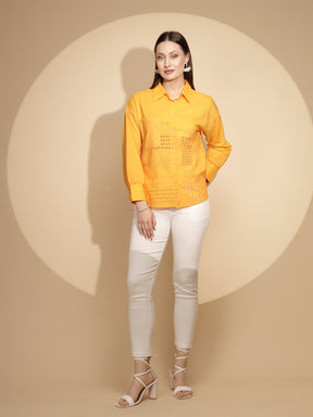 Mustard Cotton Schiffli Embroidered Regular Fit Shirt