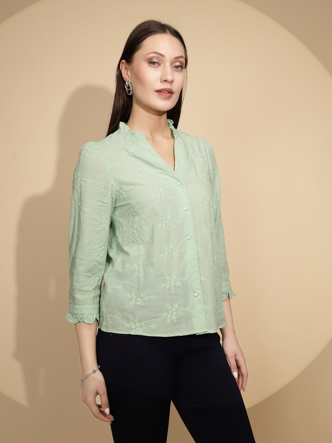 Pista Green Cotton Regular Fit Shirt For Women