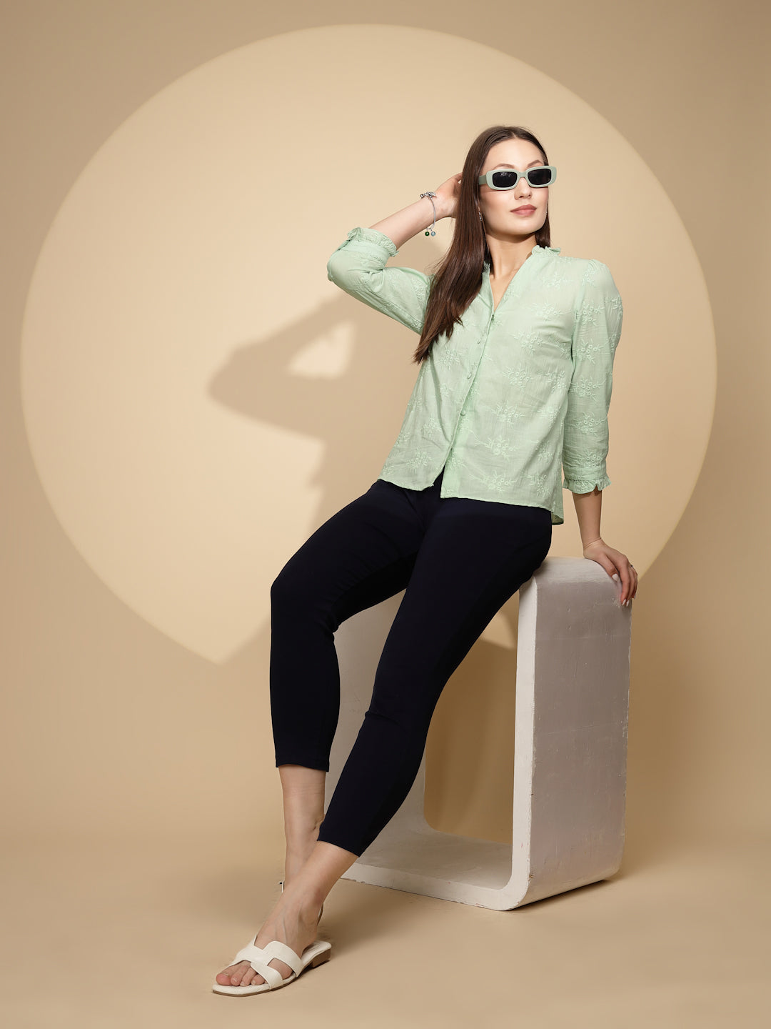 Pista Green Cotton Regular Fit Shirt For Women