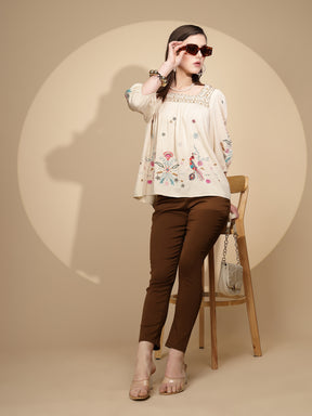 Beige Cotton Regular Fit Blouson Top For Women