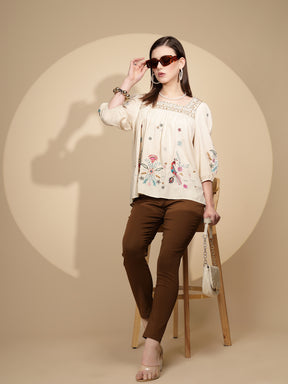 Beige Cotton Regular Fit Blouson Top For Women