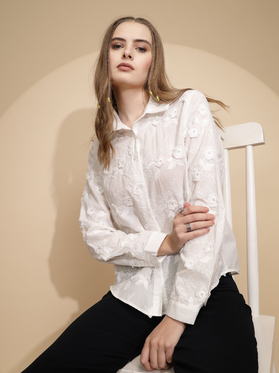 White Cotton Regular Fit Shirt For Women