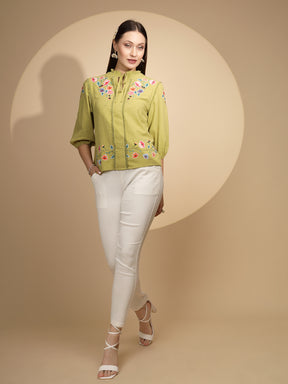 Green Cotton Regular Fit Blouson Top For Women