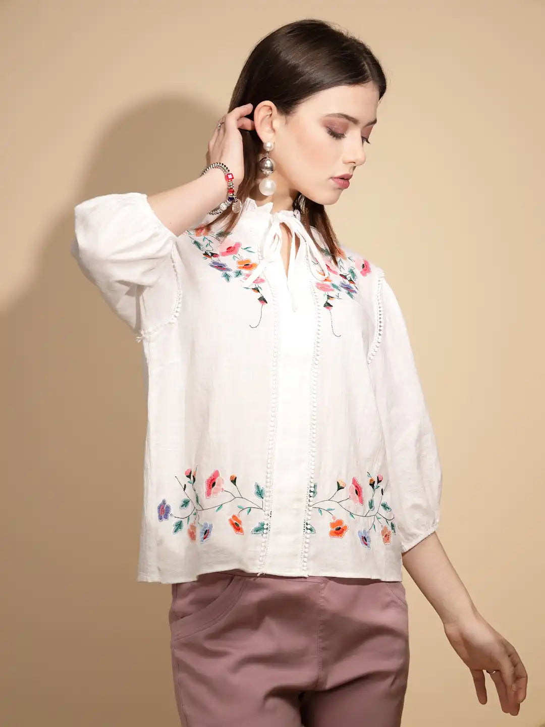 White Cotton Regular Fit Blouson Top For Women