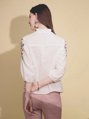 White Cotton Regular Fit Blouson Top For Women