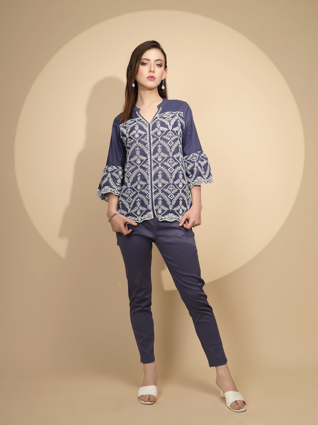 Navy Cotton Regular Fit Blouson Top For Women