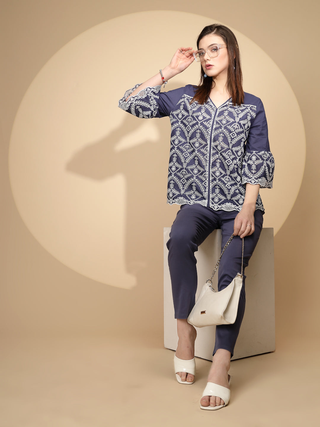 Navy Cotton Regular Fit Blouson Top For Women