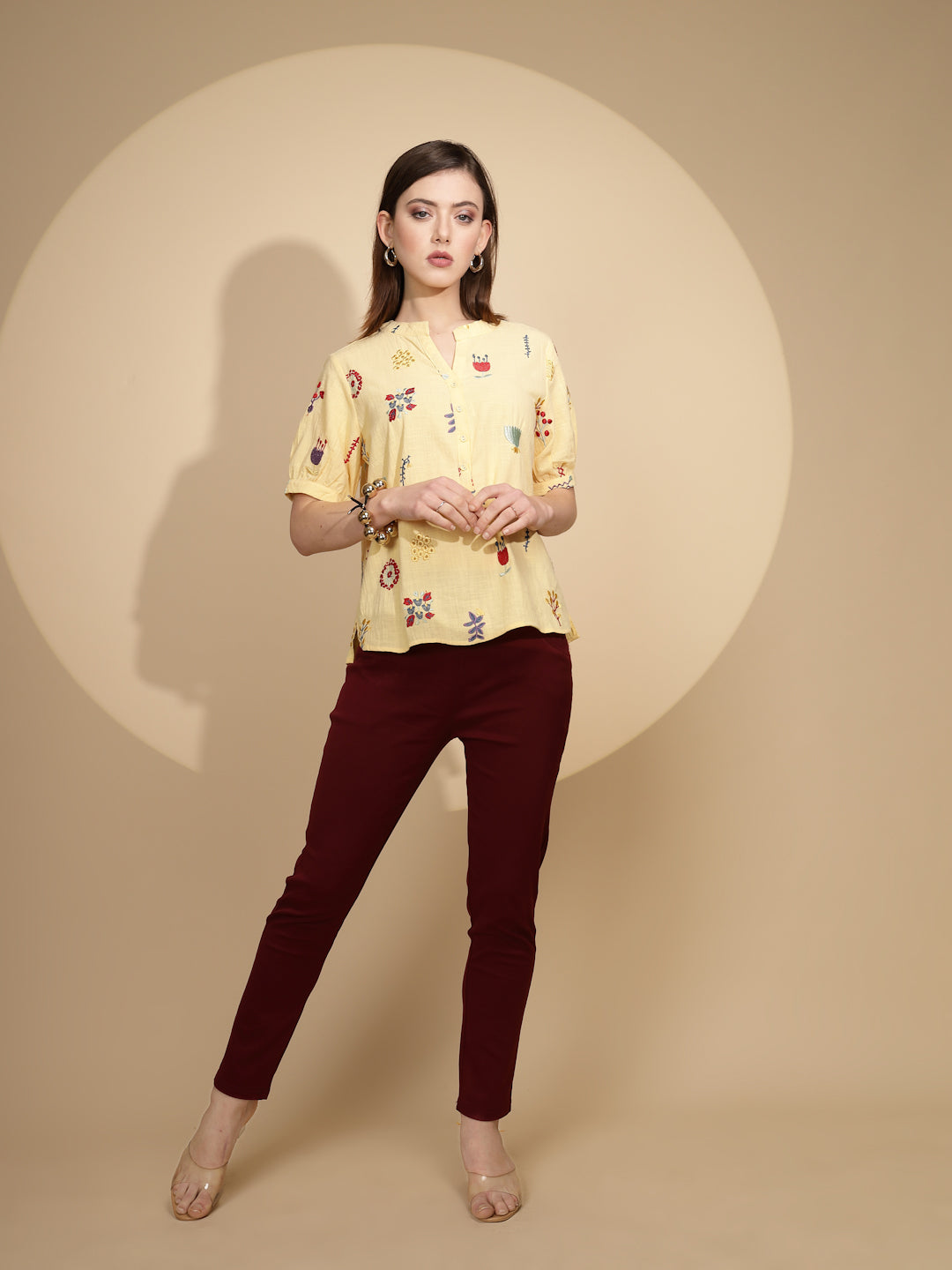 Yellow Cotton Regular Fit Blouson Top For Women