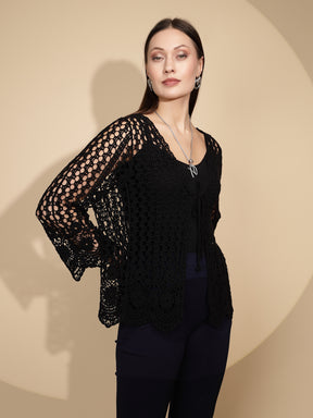 Black Cotton Blend Regular Fit Shrug For Women