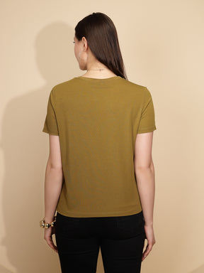 Olive Cotton Blend Regular Fit Top For Women