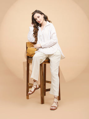 Natural Beige Linen Relaxed Fit Lower For Women