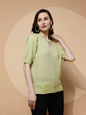 Green Polyester Blend Regular Fit Top For Women