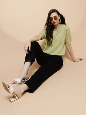 Green Polyester Blend Regular Fit Top For Women