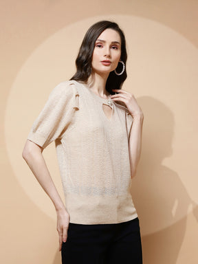 Beige Polyester Blend Regular Fit Top For Women