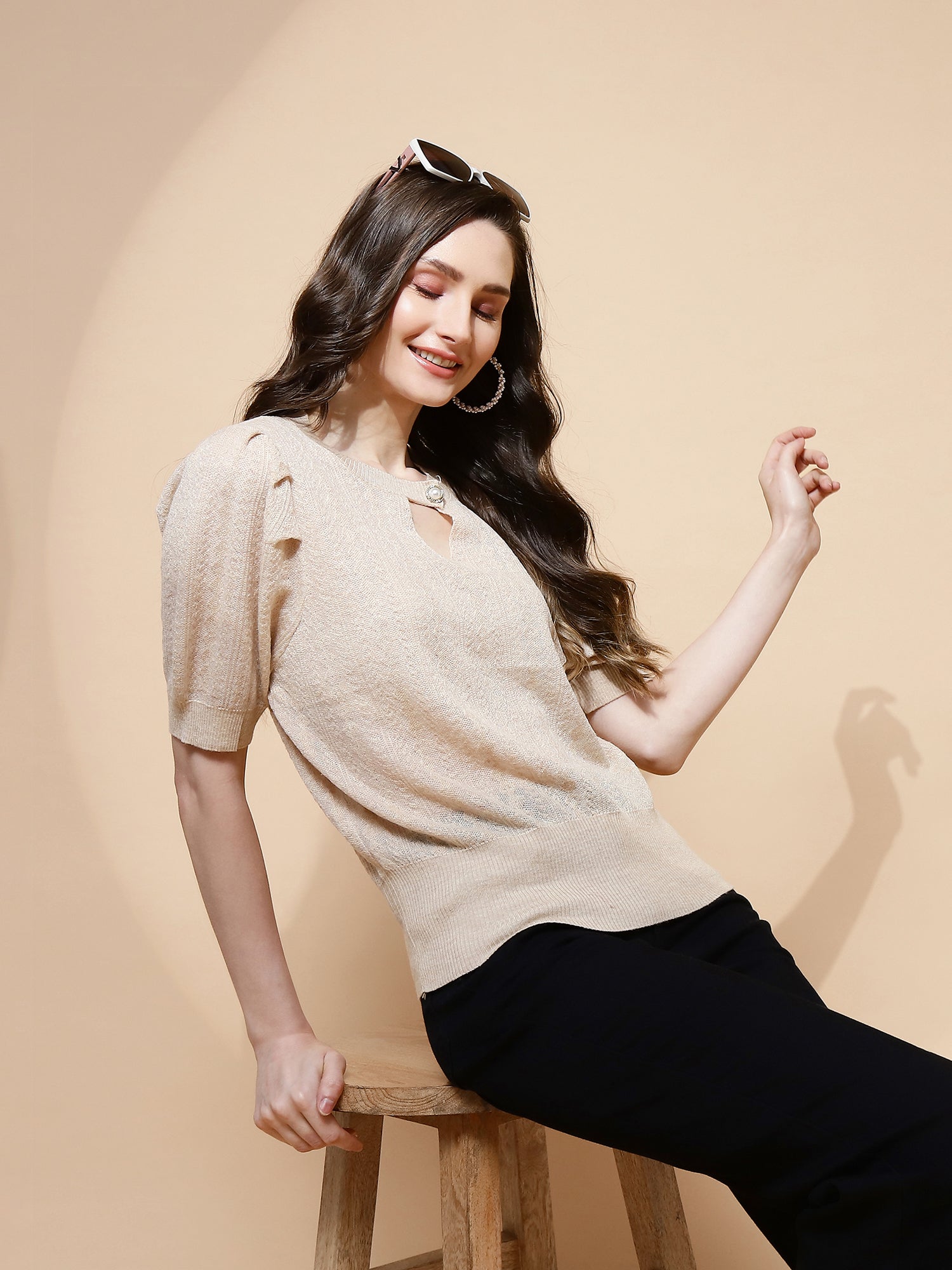 Beige Polyester Blend Regular Fit Top For Women