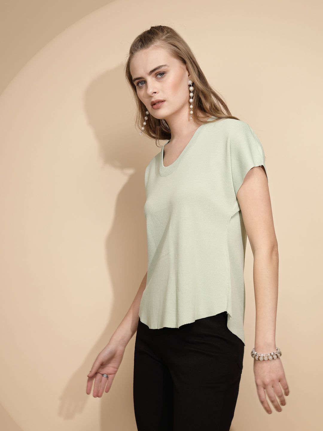 Sage Green Rayon Blend Regular Fit Top For Women